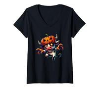 Womens Creepy Cartoon Zombie Cow Halloween Pumpkin October V-Neck T-Shirt