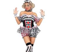 Womens Creepy Clown Costume Off Shoulder Shorts Jumpsuit + Sleeves + Collar + Hat + Stockings 5 Pcs Halloween Set Circus Clowns Bodysuit Costumes (A-Black, XXXL)