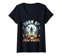 Womens Creepy Cornfield With Ghosts and Pumpkins V-Neck T-Shirt