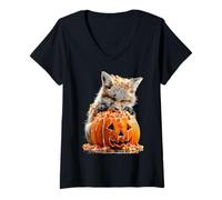 Womens Creepy Cute Fox Dripping Pumpkin Candy Corn Halloween Animal V-Neck T-Shirt
