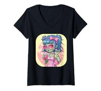 Womens Creepy Cute Green Zombie Girl Holding Pink Sippy Drink V-Neck T-Shirt