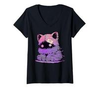 Womens Creepy Cute Grunge Pastel Goth Kitten with Patch Kawaii Cat V-Neck T-Shirt