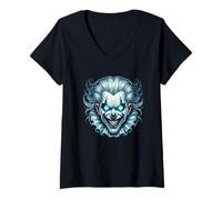Womens Creepy Evil Clown Glowing Blue Eyes V-Neck T-Shirt