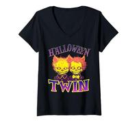 Womens Creepy Halloween Twin Undead Cat Monster Horror Duo V-Neck T-Shirt