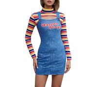 Women's Creepy Killer Doll Costume Striped Long Sleeve Crop Top Matching Bodycon Mini Skirt Chucky Outfit for Movie Character Party (A-Blue, L)