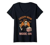 Womens Creepy Mom Funny Halloween Skeleton with Messy Bun Coffee V-Neck T-Shirt