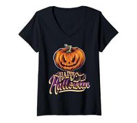 Womens Creepy Pumpkin Face with Bats Funny Halloween Humor V-Neck T-Shirt