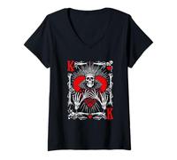 Womens Creepy Skeleton King of Hearts Halloween Playing Card Fun V-Neck T-Shirt