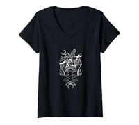 Womens Crescent Moon Frog Meditates Among Mystical Mushrooms V-Neck T-Shirt