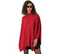 Women's Crew Neck Batwing Sleeve Split Hem Oversized Knit Poncho Sweater, Red, One Size