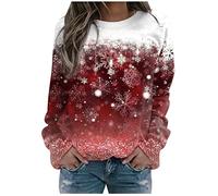 Womens Crew Neck Christmas Crewneck Sweatshirts Funny 3D Print Trendy Merry Christmas Color Block Pullover Sweatshirts Novelty Snow Print Long Sleeve Christmas Decor Cartoon Tops Y2K Red