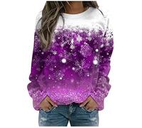 Womens Crew Neck Christmas Crewneck Sweatshirts Funny 3D Print Trendy Merry Christmas Color Block Pullover Sweatshirts Novelty Snow Print Long Sleeve Christmas Decor Cartoon Tops Y2K Purple