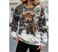 Women's Crew Neck Highland Cow Graphic Sweatshirt, Rustic Farm Pullover | Winter casual blouse, loose comfy cut, flattering upper body silhouette, for home daily, casual outing