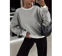 Women's Crew Neck Knit Top Black White Striped Contrast Cuff Casual Shirt | Soft knit fabric, crew neck, classic black and white stripe print, contrast ribbed cuff, relaxed long sleeve top.