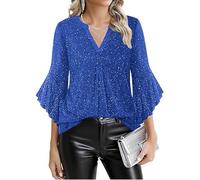 Womens Crew Neck Sequins Tops Cap Sleeves Sparkle Vest Elegant Twist Front Shimmer Glitter Top Party Club Blouses Disco Cocktail Blue