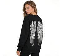 Women's Crew Neck Sweatshirt with Glitter Angel Wings Rhinestone Iron-On Transfers Carnival Casual Jumper Loose Casual Top Long Sleeve Leisure Sweater Oversized Long Sleeve Shirt, black, XXL