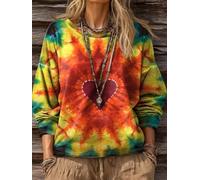 Women's Crew Neck Tie Dye Heart Print Drop Shoulder Loose Sweatshirt | Autumn Long Sleeve Top, Relaxed Drop Shoulder Cut, Curvy Friendly Silhouette, Music Festival Outing, Street Market Stroll