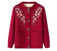 Women's Crewneck Embroidered Cardigan Older People, Winter Warm Fleece Knit Coat Button Front Coat