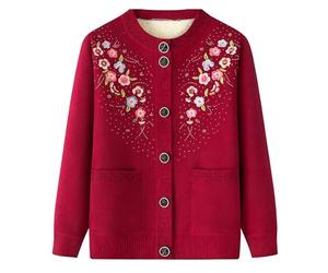 Women's Crewneck Embroidered Cardigan Older People, Winter Warm Fleece Knit Coat Button Front Coat (Burgundy,3XL)