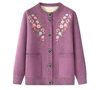 Women's Crewneck Embroidered Cardigan Older People, Winter Warm Fleece Knit Coat Button Front Coat (Light Purple,XXL)