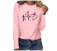 Womens Crewneck Sweatshirts Breast Cancer Awareness Long Sleeve Shirts Pin k Ribbon Love Heart Graphic Tops T Shirts Ladies Blouse Oversized Pullover Long Sleeve Round Neck Tops Front Breast (M)