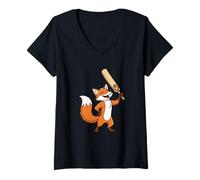 Women's Cricket Fox Cartoon Character Batsman Player V-Neck T-Shirt