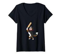 Women's Cricket Playing Bernese Mountain Dog Cartoon V-Neck T-Shirt