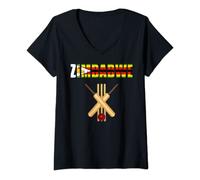 Womens Cricket Zimbabwe Flag Bat Ball Wicket V-Neck T-Shirt