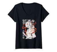 Womens Crimson Kitsune Spirit - Japanese Fox Warrior V-Neck T-Shirt