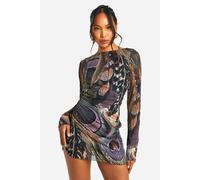 Womens Crinkle Feather Printed Mesh Scoop Back Flare Sleeve Mini Dress - Multi - 14, Multi