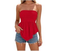 Women's Crinkle Strapless Bandeau Top,Shirred Elastic Bust Peplum Tube Vest,Ladies Sleeveless Flowy Ruffle Hem Boobtube Vest,Summer Casual Going Out Holiday Tank Tops,Polka Dot & Solid Colours S-XXL