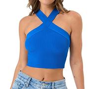 Women's Criss Cross Cut Out Halter Top Sleeveless Solid Slim Fitted Ribbed Knit Cami Tank Top (Blue, Large)