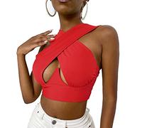 Womens Criss Cross Halter Top Y2k Sexy Sleeveless Cut Out Crop Tank Top Summer Solid 90s E-Girl Cami Vest Club Party Wear(Red-B, L)