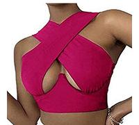 Womens Criss Cross Halter Top Y2k Sexy Sleeveless Cut Out Crop Tank Top Summer Solid 90s E-Girl Cami Vest Club Party Wear(Rose Red, L)