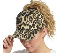 Womens Criss Cross Ponytail High Messy Bun Hats Distressed Baseball Caps Unconstructed Washed Dad Hat Girls Trucker Ponycaps (01-Solid Fabric Leopard)