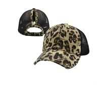 Womens Criss Cross Ponytail High Messy Bun Hats Distressed Baseball Caps Unconstructed Washed Dad Hat Girls Trucker Ponycaps (01-Solid Fabric Leopard)