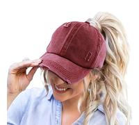 Womens Criss Cross Ponytail High Messy Bun Hats Distressed Baseball Caps Unconstructed Washed Dad Hat Girls Trucker Ponycaps (01-Solid Fabric Wine)