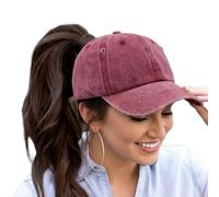Womens Criss Cross Ponytail High Messy Bun Hats Distressed Baseball Caps Unconstructed Washed Dad Hat Girls Trucker Ponycaps (01-Solid Fabric Wine)