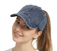 Womens Criss Cross Ponytail High Messy Bun Hats Distressed Baseball Caps Unconstructed Washed Dad Hat Girls Trucker Ponycaps (01-Solid Fabric Navy)
