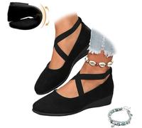 Women's Crisscross Strap Wedge Shoes,Womens Round Toe Ballet Wedge Dress Shoe Elegant Suede Comfy Slip-On Shoes (Black,4)