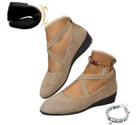 Women's Crisscross Strap Wedge Shoes,Womens Round Toe Ballet Wedge Dress Shoe Elegant Suede Comfy Slip-On Shoes (Khaki,3)