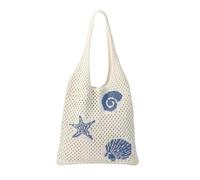 Women's Crochet Beach Tote Bag Starfish Seashell and Spiral Shell Graphic Open Weave Large Capacity Shoulder Bag for Summer Beach Trips and Vacation