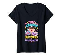 Women's Crochet Book Lover Tiny Stitches Big Stories Extra Coffee V-Neck T-Shirt