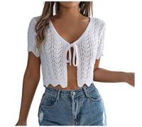 Women's Crochet Cardigan Hollowed Out Womens Knitted Cardigan Short Sleeve Knitted Open Front Cropped Cardigans Soft Ladies Casual Tie Front Summer BolerosShrug Outwear (White, M)