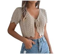 Women's Crochet Cardigan Hollowed Out Womens Knitted Cardigan Short Sleeve Knitted Open Front Cropped Cardigans Soft Ladies Casual Tie Front Summer BolerosShrug Outwear (Khaki, M)
