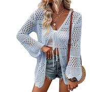 Women's Crochet Cardigan Light Weight Long Sleeve Tie Front Hollow Out Thin Cardigan, Light Blue, L