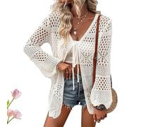 Women's Crochet Cardigans,Casual Loose See-Through Knit,Hollow Out Open Front Lace Up Sweater Knit,Outwear Cover Up(White,2XL)