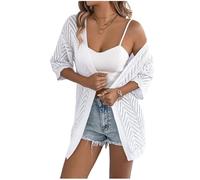 Women's Crochet Cardigans Hollow Out Short Sleeve Cardigan Open Front Casual Knitted Sweater Jacket Lightweight Beach Coverups Shrugs Longline Cardigans for Women UK White