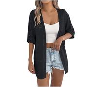 Women's Crochet Cardigans Hollow Out Short Sleeve Cardigan Open Front Casual Knitted Sweater Jacket Ladies Summer Cardigans Lightweight Beach Coverups Shrugs Outwear Top Ladies Knit Top Black