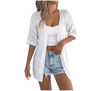 Women's Crochet Cardigans Hollow Out Short Sleeve Cardigan Open Front Casual Knitted Sweater Jacket Ladies Summer Cardigans Lightweight Beach Coverups Shrugs Outwear Top Ladies Knit Top White